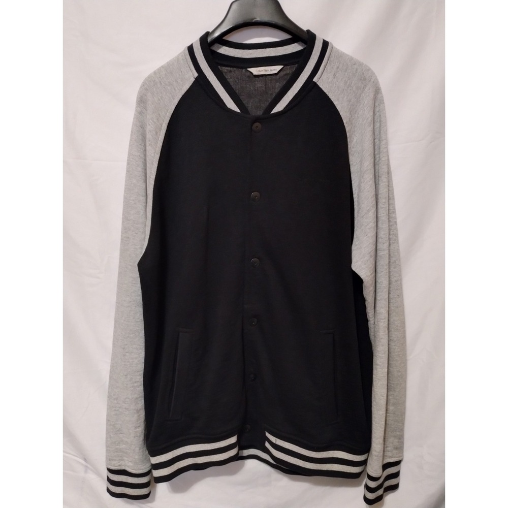 Calvin Klein Jeans Men's Black/Gray Varsity Jacket Button Front Logo Pockets